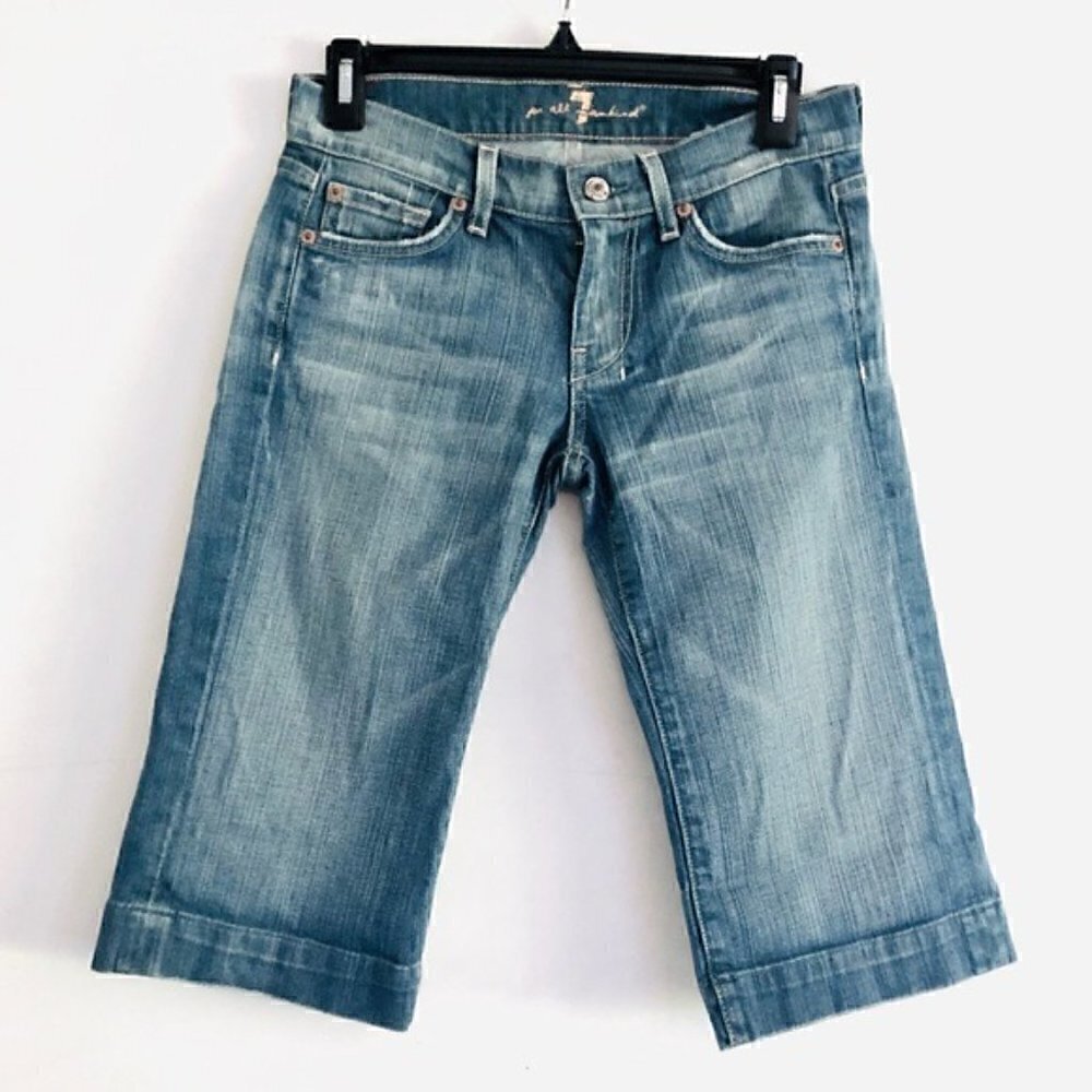 7 For All Mankind Capri Jeans 25 Dojo Cropped Distressed Medium Blue Vacation - Picture 5 of 14